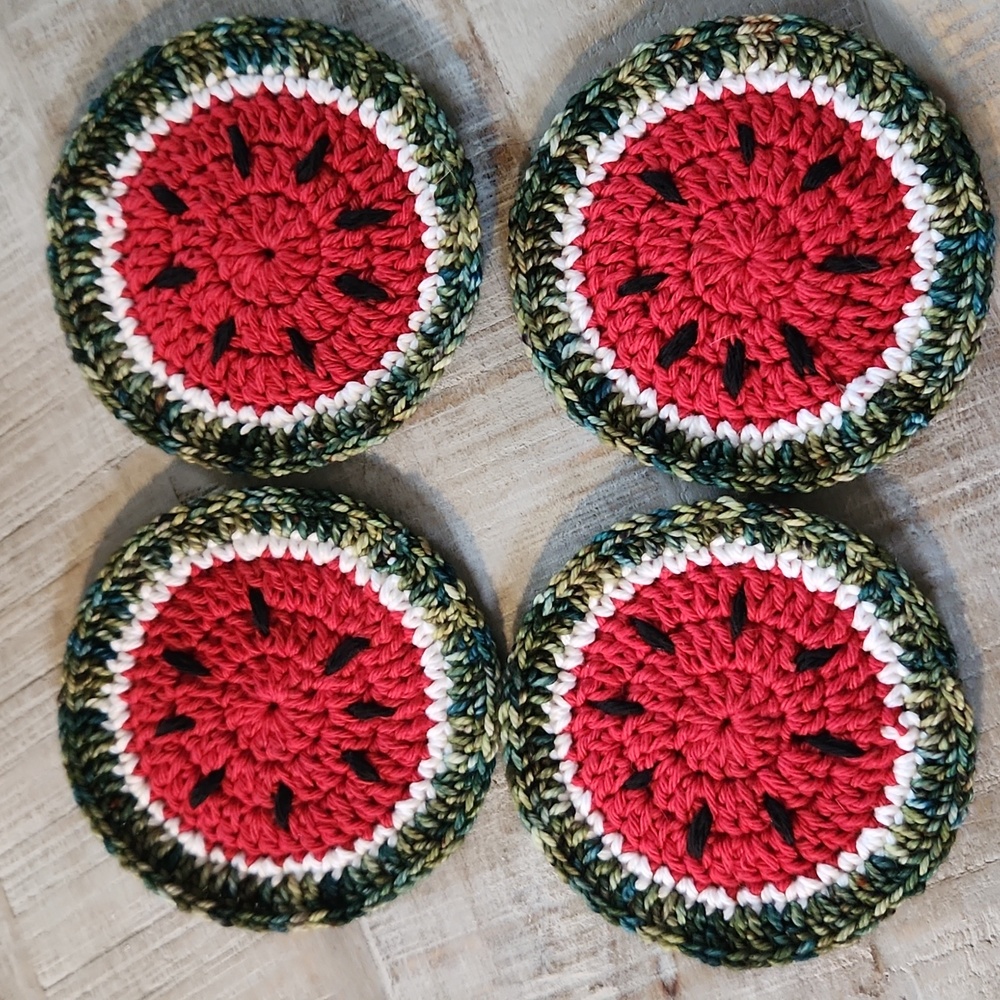 HANDMADE SET OF 4 WATERMELON 4-1/2" DRINK COASTERS. COTTON BASE W/ACRYLIC EDGING